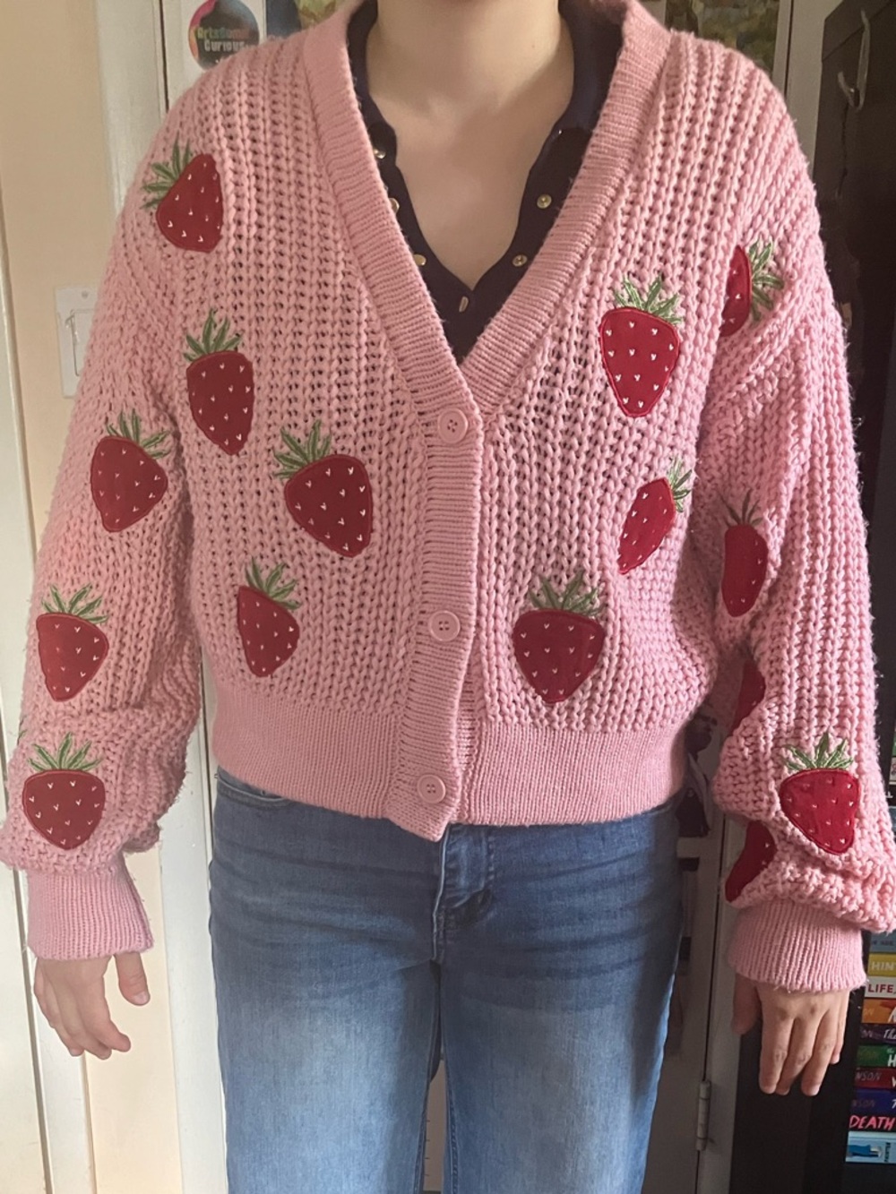 Hot Topic Pink Strawberry Crochet V-Neck Cardigan